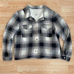 Lucky Brand Plaid Flannel Sherpa Lined Jacket Shacket Black Grey & White Large